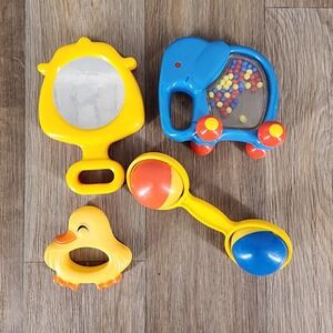 Vintage Baby Toy Lot 4pc The First Years 1977 Duck Elephant Rattle Mirror Mirror
